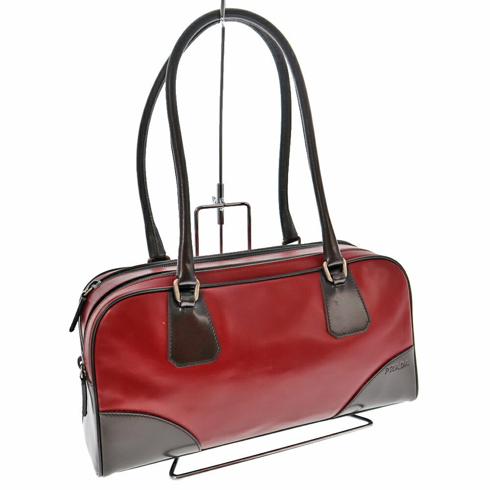 PRADA Handbag Tote Bag Shoulder Bordeaux Red Wine Red Dark Brown Leather